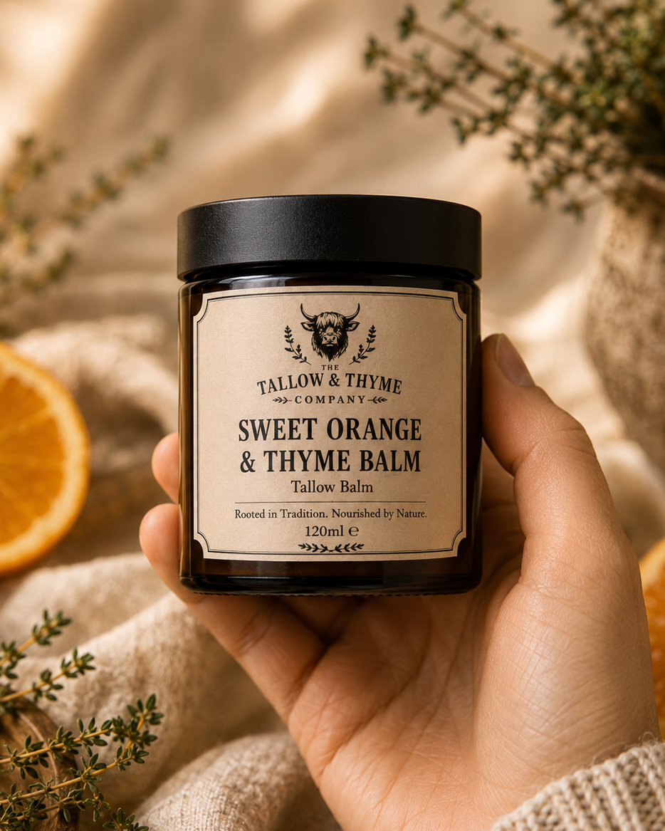 A hand holding a jar of Tallow & Thyme Company Sweet Orange & Thyme Balm, surrounded by dried orange slices, fresh thyme, and beige linen fabric.