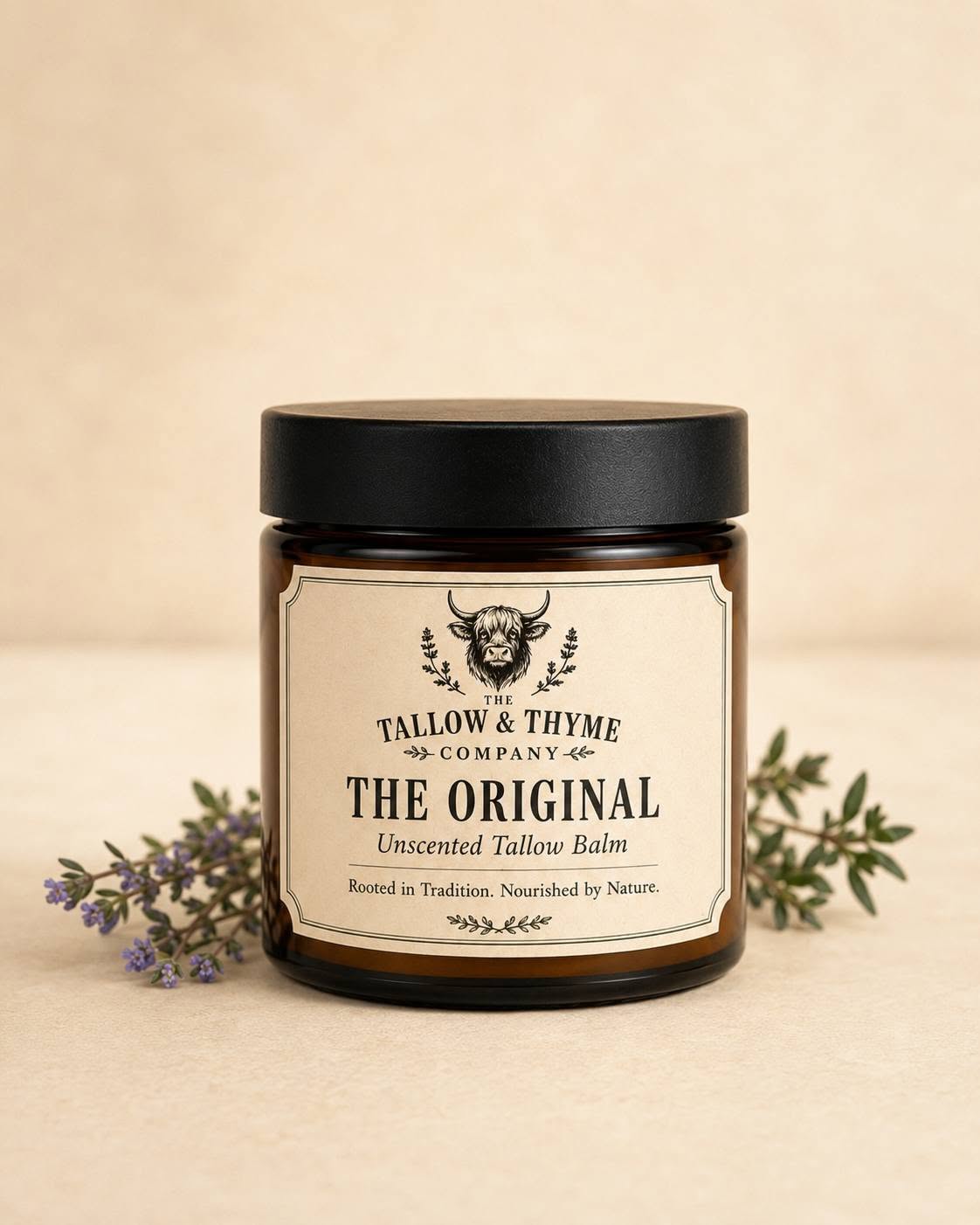 The Original Unscented Tallow Balm in an amber glass jar with black lid, surrounded by thyme sprigs