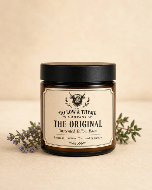 The Original Unscented Tallow Balm in an amber glass jar with black lid, surrounded by thyme sprigs