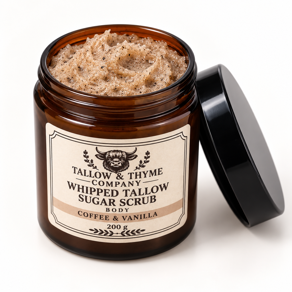 Coffee & Vanilla Whipped Tallow Sugar Body Scrub 200g open jar studio image showing real texture